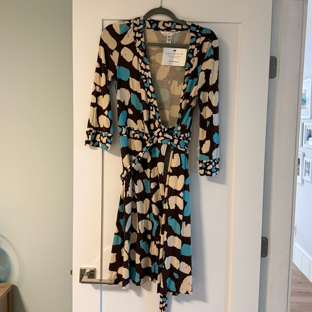 Diane Von Furstenberg Brown and Blue Abstract Wrap Dress